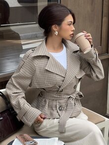 Siren Gaze 新款女款棕色格紋短款風衣，適合秋冬穿著，完美適配日常通勤、外出與社交聚會 - 棕色 - 查看 7