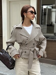 Siren Gaze 新款女款棕色格紋短款風衣，適合秋冬穿著，完美適配日常通勤、外出與社交聚會 - 棕色 - 查看 6