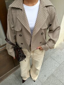 Siren Gaze 新款女款棕色格紋短款風衣，適合秋冬穿著，完美適配日常通勤、外出與社交聚會 - 棕色 - 查看 5