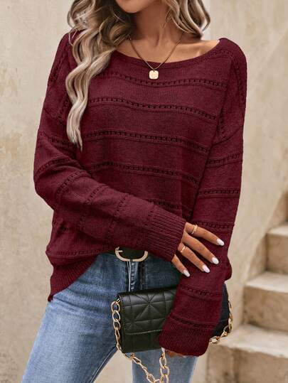 EMERY ROSE Pull tricoté à épaules tombantes en maille ajourée, pull ample à manches longues décontracté pour femmes en automne/printemps, pull surdimensionné bordeaux à épaules tombantes, pull en tricot pour femmes en automne/hiver