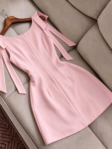 SHEIN Franclia Women's Solid Color Shoulder Knot Casual Daily Short Dress - Pink - View 2