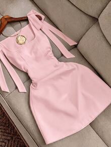 SHEIN Franclia Women's Solid Color Shoulder Knot Casual Daily Short Dress - Pink - View 1