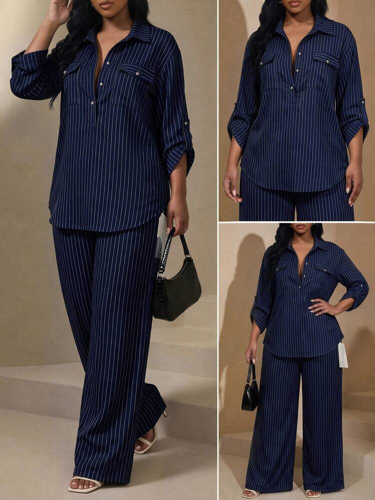 Chikora Plus Size Navy Blue Shirt Pants Business Casual Smart Commuter Set Elegant Formal Work Brunch Office Outfits Women Fall - Navy Blue - View 9