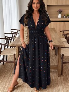 Weeklong Casual semesterklänning för kvinnor i plus size med hjärtgrafik, rynkad midja, slits i fållen och slumpmässiga tryck - Svart - Visa 5