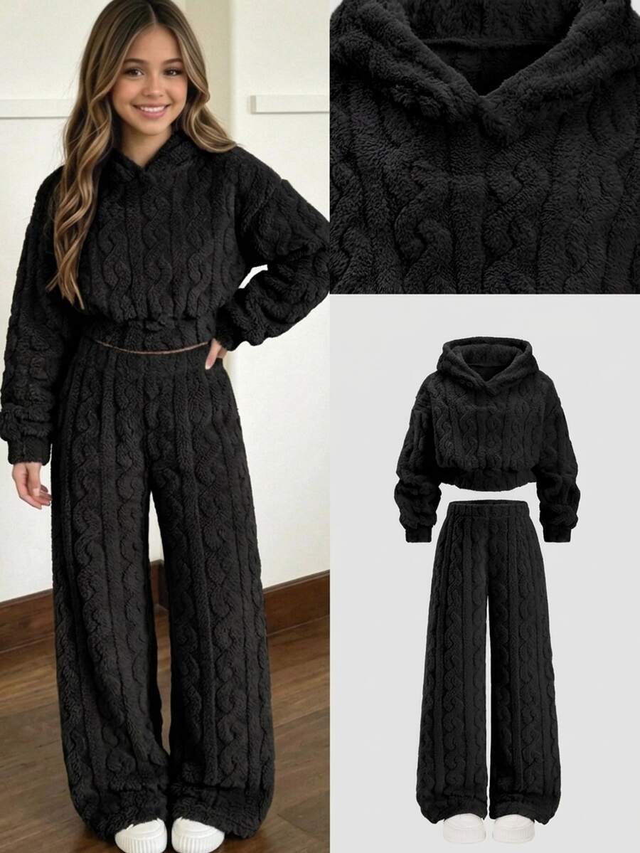 SHEIN 2件組青少年女孩寬鬆休閒毛絨連帽長袖上衣與寬鬆休閒長褲運動套裝,適合日常通勤、休閒、度假、姐妹裝 - 黑色 - 查看 1