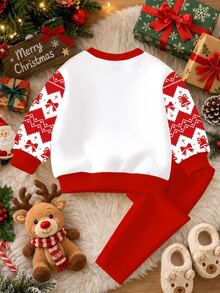 Baby Girl Casual Cute Adorable Christmas Snowman And Gingerbread Man Pattern, Fair Isle, Christmas Red, Soft Thick Crew Neck Long Sleeve Sweatshirt And Leggings Set, Suitable For Autumn/Winter Christmas, New Fall Styles, Chic, Fall Sets - Multicolor - View 3