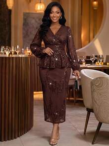 Fleurora Women's Brown Sequin Lantern Sleeve Ruffle Hem Top Party Top And Skirt Elegant Casual 2 Pieces Set Wedding Party Dinner Autumn Women Fall Sets - Mocha Brown - View 1