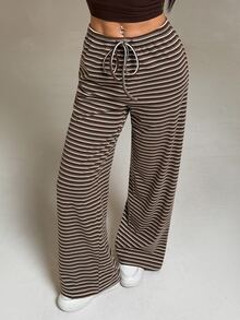 Vivamere Women's Autumn/Winter New Ultra Low Waist Plush Fleece Knit Striped Long Pants - Brown - View 4