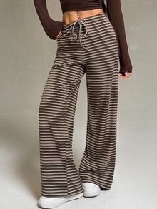 Vivamere Women's Autumn/Winter New Ultra Low Waist Plush Fleece Knit Striped Long Pants - Brown - View 3