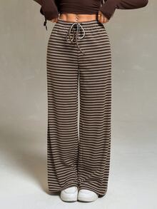 Vivamere Women's Autumn/Winter New Ultra Low Waist Plush Fleece Knit Striped Long Pants - Brown - View 7