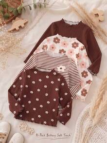 1 Random Piece Girls Cute Black Ribbed Frill Trim Ribbed Semi-High Neck Long Sleeve T-Shirt, Fall Base Layer Top - Multicolor - View 1