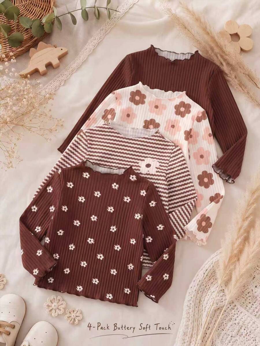 1 Random Piece Girls Cute Black Ribbed Frill Trim Ribbed Semi-High Neck Long Sleeve T-Shirt, Fall Base Layer Top - Multicolor - View 1