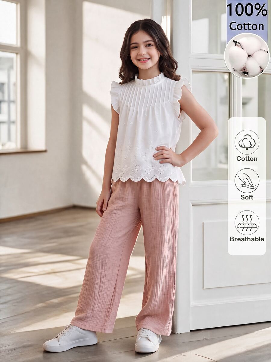 SHEIN 2pcs/Set Tween Girls Sleeveless Top With Delicate Lace Collar And Embroidered Floral Design, Paired With Loose Straight Leg White Dusty Pink Pants