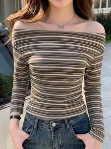 SHEIN Essnce 95%棉女款T恤，多色條紋肩部長袖上衣，修身剪裁，現代都市時尚商務辦公穿搭，低調老錢風，精緻通勤機場造型，現代度假遊牧休閒時尚，四季百搭女款鄉村音樂節西式波希米亞風 - 彩色 - 查看 4