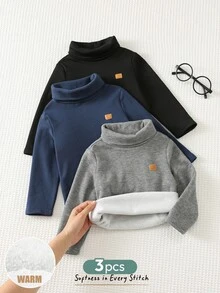 Cozy Pixies 3件組男嬰童休閒日常舒適拼接圓領套頭長袖針織冬季上衣，3色各1件 - 藍色 - 查看 8