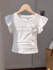 SHEIN 1 Random Pc Tween Girls Summer Commute Elegant Casual 3D Flower Flutter Sleeve Ruffle Round Neck Sleeveless Sister Matching T-Shirt, Outfit - White - View 9