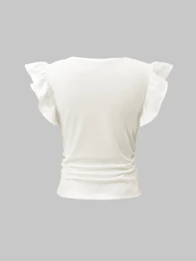 SHEIN 1 Random Pc Tween Girls Summer Commute Elegant Casual 3D Flower Flutter Sleeve Ruffle Round Neck Sleeveless Sister Matching T-Shirt, Outfit - White - View 6