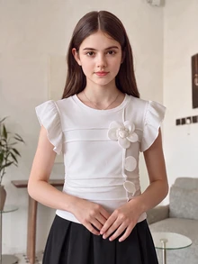 SHEIN 1 Random Pc Tween Girls Summer Commute Elegant Casual 3D Flower Flutter Sleeve Ruffle Round Neck Sleeveless Sister Matching T-Shirt, Outfit - White - View 3