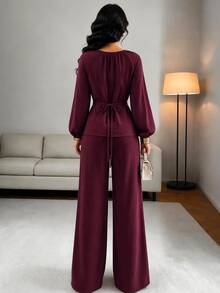 SHEIN Raffinéa Women's Fashion Elegant Daily V-Neck Decorative Button Long Sleeve Cinched Waist Elastic Long Pants Set Dinner Office Burgundy Fall - Burgundy - View 2