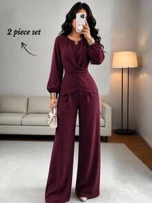 SHEIN Raffinéa Women's Fashion Elegant Daily V-Neck Decorative Button Long Sleeve Cinched Waist Elastic Long Pants Set Dinner Office Burgundy Fall - Burgundy - View 5