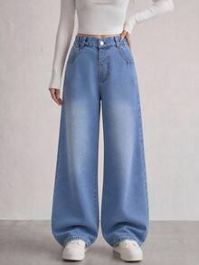 SHEIN Streecool 青少年女孩時尚復古寬鬆寬腿牛仔褲，休閒街頭風直筒牛仔褲，適合學校體育館，淺藍色，夏季秋季冬季 - 淺色水洗藍 - 查看 4