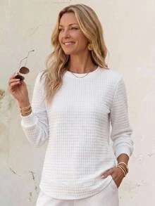 SHEIN LUNE 女款圓領長袖衛衣 華夫格紋理面料，現代都市時尚商務休閒辦公穿搭 低調老錢風 優雅高級通勤機場穿搭 百搭街頭風咖啡廳穿搭 - 白色 - 查看 4