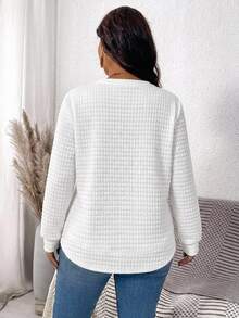 SHEIN LUNE 女款圓領長袖衛衣 華夫格紋理面料，現代都市時尚商務休閒辦公穿搭 低調老錢風 優雅高級通勤機場穿搭 百搭街頭風咖啡廳穿搭 - 白色 - 查看 2