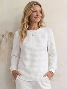 SHEIN LUNE 女款圓領長袖衛衣 華夫格紋理面料，現代都市時尚商務休閒辦公穿搭 低調老錢風 優雅高級通勤機場穿搭 百搭街頭風咖啡廳穿搭 - 白色 - 查看 5