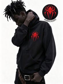 Manfinity Roghcode 男士蜘蛛刺繡長袖拉鍊休閒連帽衫 - 黑色 - 查看 3
