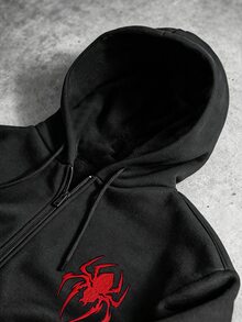 Manfinity Roghcode 男士蜘蛛刺繡長袖拉鍊休閒連帽衫 - 黑色 - 查看 5
