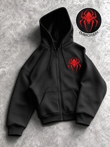 Manfinity Roghcode 男士蜘蛛刺繡長袖拉鍊休閒連帽衫 - 黑色 - 查看 2