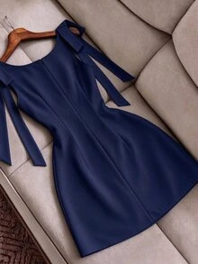 SHEIN Women's Solid Color Fashion Elegant Bow Tie Strap Dress - Navy Blue - View 2