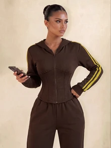 Sirith 女款長袖拉鍊連帽運動夾克 - 棕色 - 查看 1