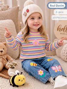 SHEIN Playful Pals 2pcs Baby Girl Pink Striped Round Neck Long Sleeve Pullover Top And Floral Bee Butterfly Pattern Denim Pants Set Family Matching Photoshoot Fall Cute - Multicolor - View 4