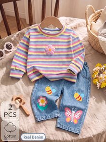 SHEIN Playful Pals 2pcs Baby Girl Pink Striped Round Neck Long Sleeve Pullover Top And Floral Bee Butterfly Pattern Denim Pants Set Family Matching Photoshoot Fall Cute - Multicolor - View 2