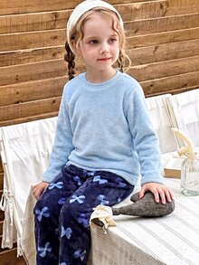 Autumn/Winter Young Girl Fleece Long Sleeve Pants Warm Thickened Set With Bowknot Print Pattern, Blue Cute Casual - Dusty Pink - View 6