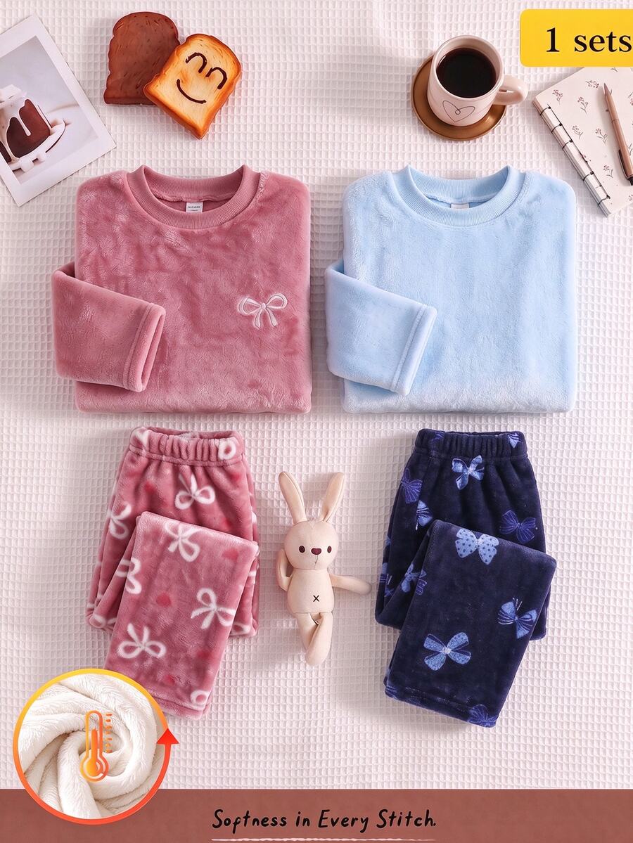 Autumn/Winter Young Girl Fleece Long Sleeve Pants Warm Thickened Set With Bowknot Print Pattern, Blue Cute Casual - Dusty Pink - View 1