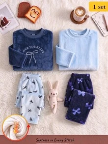 Autumn/Winter Young Girl Fleece Long Sleeve Pants Warm Thickened Set With Bowknot Print Pattern, Blue Cute Casual - Dusty Pink - View 1