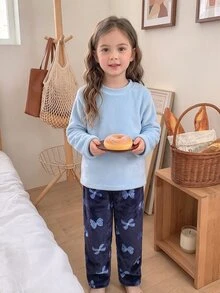 Autumn/Winter Young Girl Fleece Long Sleeve Pants Warm Thickened Set With Bowknot Print Pattern, Blue Cute Casual - Dusty Pink - View 5