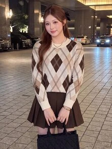 Bijouette Plus Size Women's Diamond Lattice Crew Neck Long Sleeve Casual Pullover Sweater - Multicolor - View 14