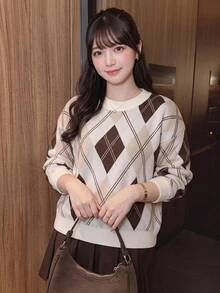 Bijouette Plus Size Women's Diamond Lattice Crew Neck Long Sleeve Casual Pullover Sweater - Multicolor - View 13