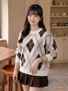 Bijouette Plus Size Women's Diamond Lattice Crew Neck Long Sleeve Casual Pullover Sweater - Multicolor - View 7