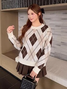 Bijouette Plus Size Women's Diamond Lattice Crew Neck Long Sleeve Casual Pullover Sweater - Multicolor - View 12