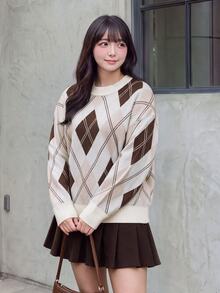 Bijouette Plus Size Women's Diamond Lattice Crew Neck Long Sleeve Casual Pullover Sweater - Multicolor - View 10