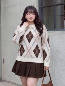 Bijouette Plus Size Women's Diamond Lattice Crew Neck Long Sleeve Casual Pullover Sweater - Multicolor - View 9