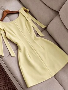 SHEIN Franclia 時尚優雅繫帶蝴蝶結洋裝 - 黃色 - 查看 2