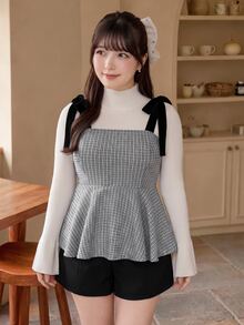 Bijouette Pure Desire Style Bowknot Shoulder Strap Plus Size Camisole, Black Velvet Bows On Both Shoulders, Sweet And Exquisite, Herringbone Textured Fabric, Thick And High-Quality, Cinched Waist With Ruffle Hem To Cleverly Conceal Belly Fat, Loose And Inclusive Fit Suitable For Body Types; Can Be Paired With Semi-High Neck Bell Sleeve Inner Layer For Layered Look, Perfect For Daily Commute And Outings - Grey - View 8