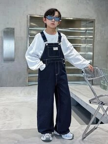 SHEIN Little Byeori Kids Loose, Comfortable, Simple, Brushed, Warm And Stylish Denim Jeans For Black To School Boys - Blue - View 1
