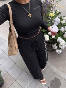 Muchica Plus Size Letter Print Long Sleeve Top And Drawstring Waist Loose Pants 2 Pieces Set Fall Travel Vacation Black Streetwear Swaggy Casual Formal - Black - View 4