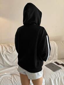 Teen Girls Deep Blue Open Front Hooded Loose Casual Autumn Sweatshirt, Simple Casual, Sports - Black - View 2